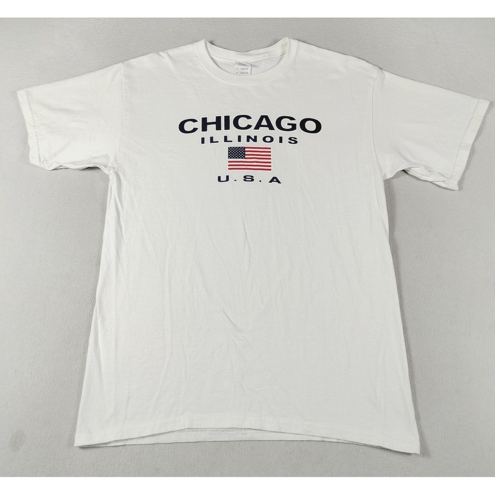 Gildan Chicago‎ Shirt Mens Large White Illinois USA Flag Graphic Tee Patriotic